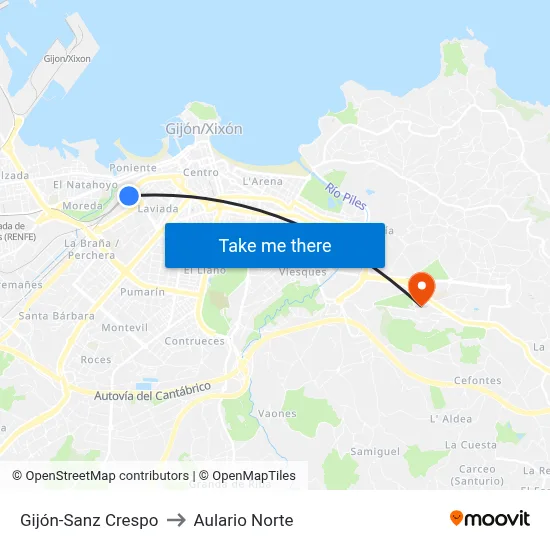 Gijón-Sanz Crespo to Aulario Norte map