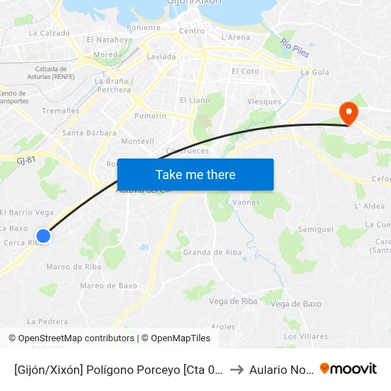 [Gijón/Xixón]  Polígono Porceyo [Cta 00398] to Aulario Norte map