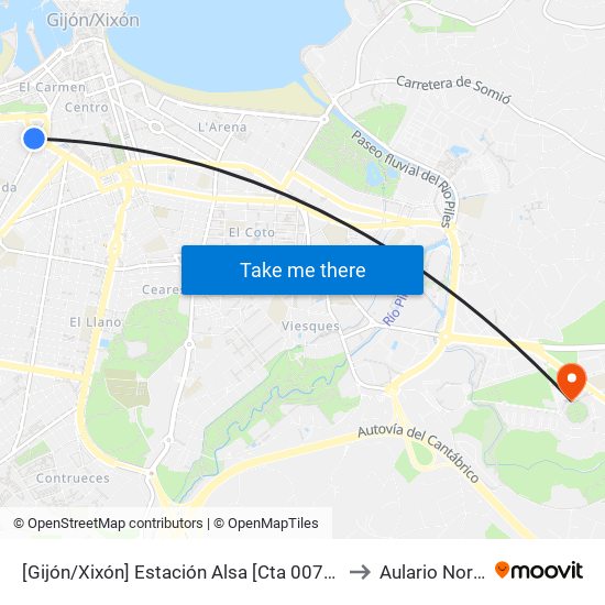 [Gijón/Xixón]  Estación Alsa [Cta 00784] to Aulario Norte map