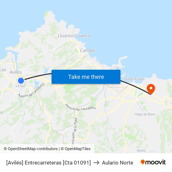 [Avilés]  Entrecarreteras [Cta 01091] to Aulario Norte map