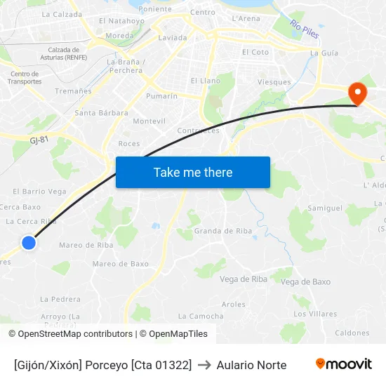 [Gijón/Xixón]  Porceyo [Cta 01322] to Aulario Norte map