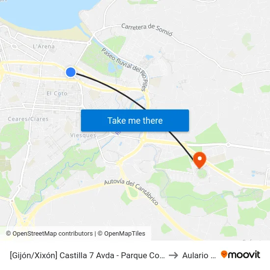 [Gijón/Xixón]  Castilla 7 Avda - Parque Cocheras [Cta 01551] to Aulario Norte map