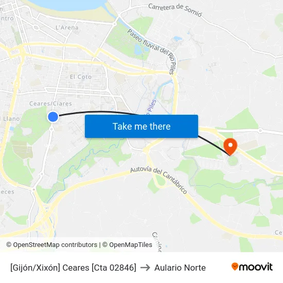 [Gijón/Xixón]  Ceares [Cta 02846] to Aulario Norte map