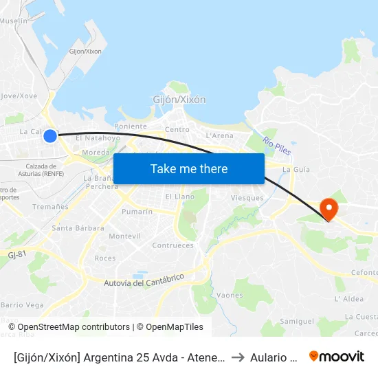 [Gijón/Xixón]  Argentina 25 Avda - Ateneo [Cta 02928] to Aulario Norte map
