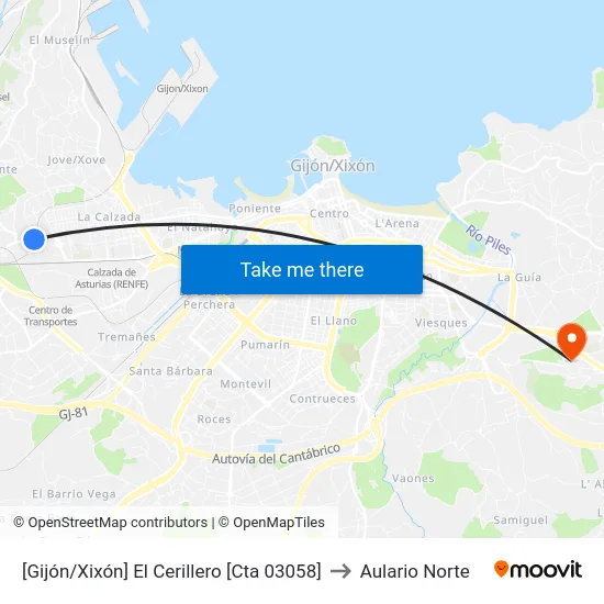 [Gijón/Xixón]  El Cerillero [Cta 03058] to Aulario Norte map