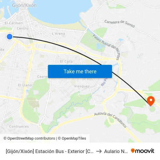 [Gijón/Xixón]  Estación Bus - Exterior [Cta 07056] to Aulario Norte map