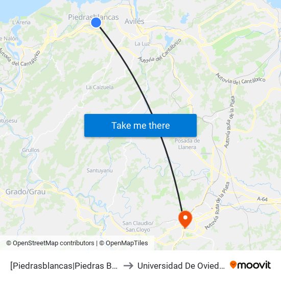 [Piedrasblancas|Piedras Blancas]  Puente Martín [Cta 18199] to Universidad De Oviedo - Campus De Llamaquique map