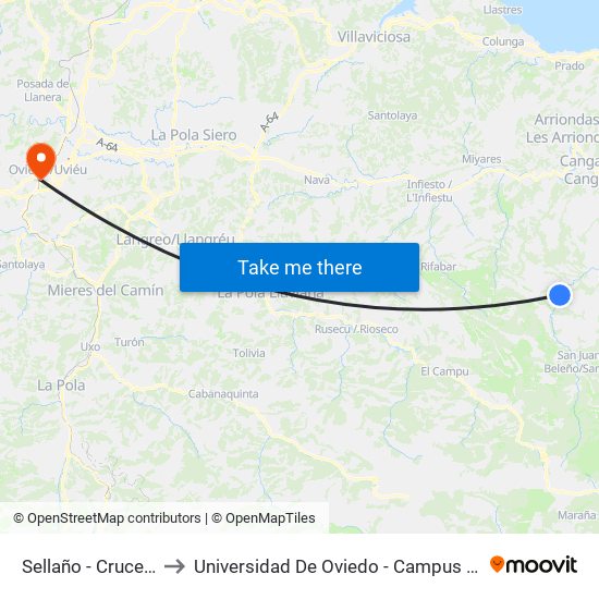Sellaño - Cruce Priesca to Universidad De Oviedo - Campus De Llamaquique map