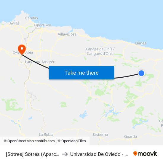 [Sotres]  Sotres (Aparcamiento) [Cta 20838] to Universidad De Oviedo - Campus De Llamaquique map