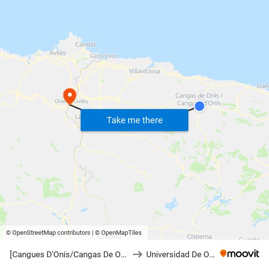 [Cangues D'Onís/Cangas De Onís]  Lagos - Estación Bus Cangas De Onís [Cta 21419] to Universidad De Oviedo - Campus De Llamaquique map