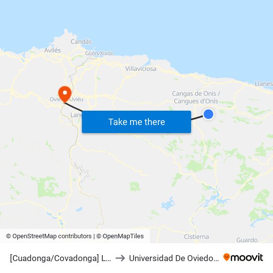[Cuadonga/Covadonga]  Lagos - El Repelao [Cta 21422] to Universidad De Oviedo - Campus De Llamaquique map