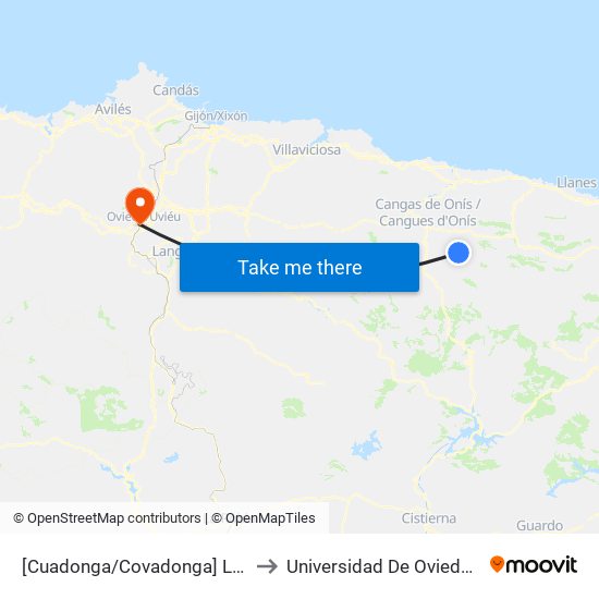 [Cuadonga/Covadonga]  Lagos - El Peregrino [Cta 21423] to Universidad De Oviedo - Campus De Llamaquique map
