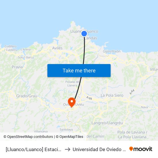 [Lluanco/Luanco]  Estación Bus Luanco [Cta 00299] to Universidad De Oviedo - Campus De Llamaquique map