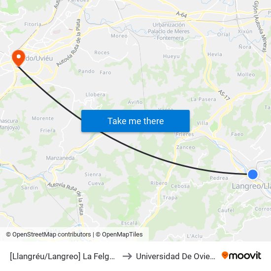 [Llangréu/Langreo]  La Felguera - Estación Autobuses [Cta 00417] to Universidad De Oviedo - Campus De Llamaquique map