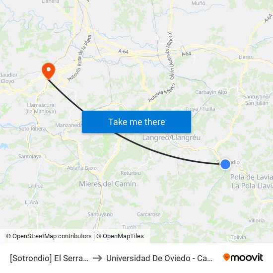 [Sotrondio]  El Serrallo [Cta 00445] to Universidad De Oviedo - Campus De Llamaquique map
