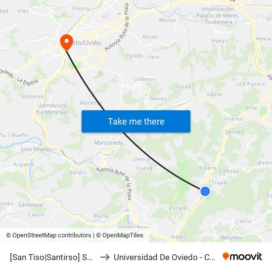 [San Tiso|Santirso]  San Tiso [Cta 01138] to Universidad De Oviedo - Campus De Llamaquique map