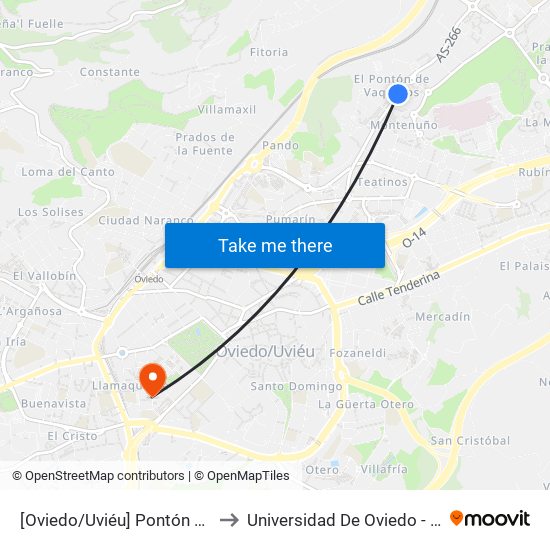 [Oviedo/Uviéu]  Pontón De Vaqueros [Cta 02056] to Universidad De Oviedo - Campus De Llamaquique map