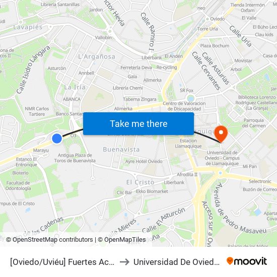 [Oviedo/Uviéu]  Fuertes Acevedo - Plaza Toros [Cta 02062] to Universidad De Oviedo - Campus De Llamaquique map