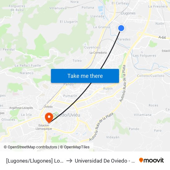 [Lugones/Llugones]  Los Peñones [Cta 02074] to Universidad De Oviedo - Campus De Llamaquique map