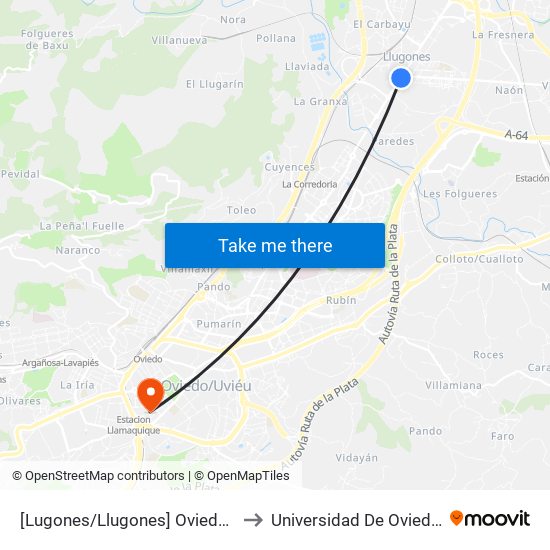 [Lugones/Llugones]  Oviedo 28 Avda - Cruce Viejo [Cta 02075] to Universidad De Oviedo - Campus De Llamaquique map