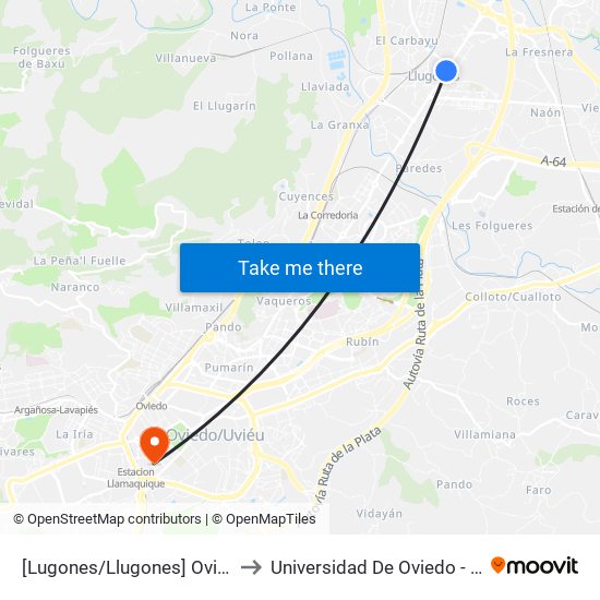 [Lugones/Llugones]  Oviedo 66 Avda [Cta 02292] to Universidad De Oviedo - Campus De Llamaquique map