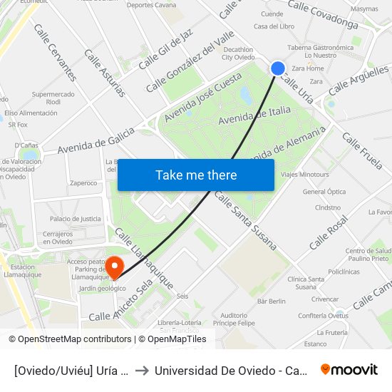[Oviedo/Uviéu]  Uría Sur [Cta 07306] to Universidad De Oviedo - Campus De Llamaquique map