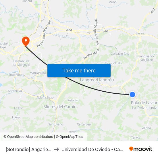 [Sotrondio]  Angariella [Cta 16986] to Universidad De Oviedo - Campus De Llamaquique map