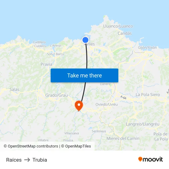 Raíces to Trubia map