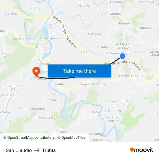 San Claudio to Trubia map