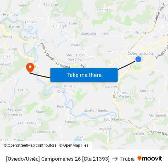 [Oviedo/Uviéu]  Campomanes 26 [Cta 21393] to Trubia map
