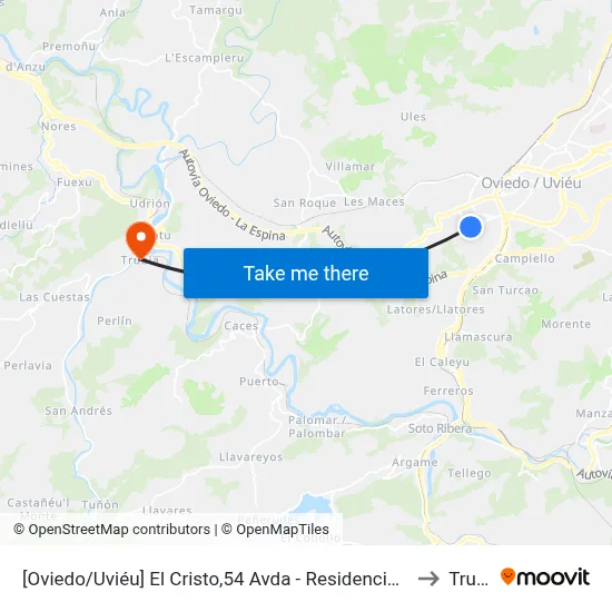 [Oviedo/Uviéu]  El Cristo,54 Avda - Residencia [Cta 07308] to Trubia map