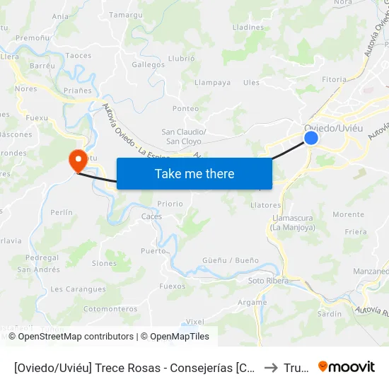 [Oviedo/Uviéu]  Trece Rosas - Consejerías [Cta 07420] to Trubia map