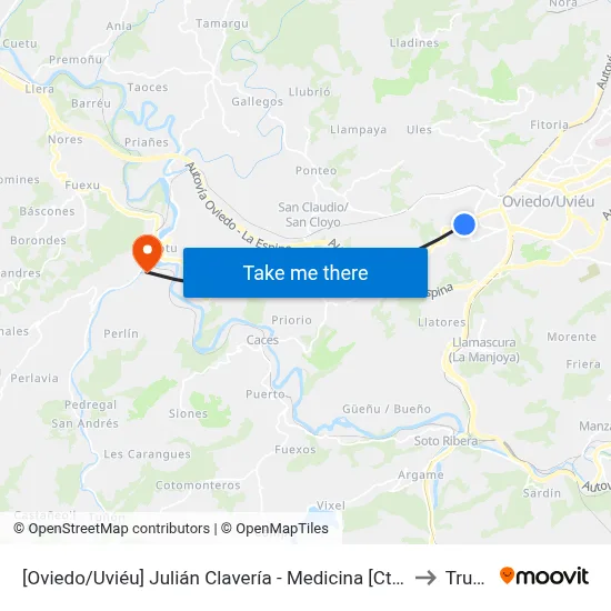 [Oviedo/Uviéu]  Julián Clavería - Medicina [Cta 07475] to Trubia map