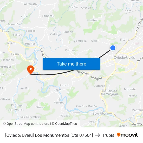 [Oviedo/Uviéu]  Los Monumentos [Cta 07564] to Trubia map