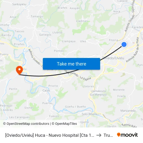 [Oviedo/Uviéu]  Huca - Nuevo Hospital [Cta 16751] to Trubia map