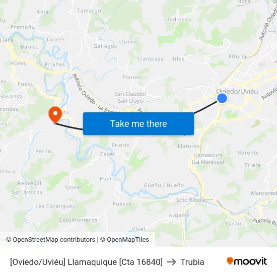 [Oviedo/Uviéu]  Llamaquique [Cta 16840] to Trubia map