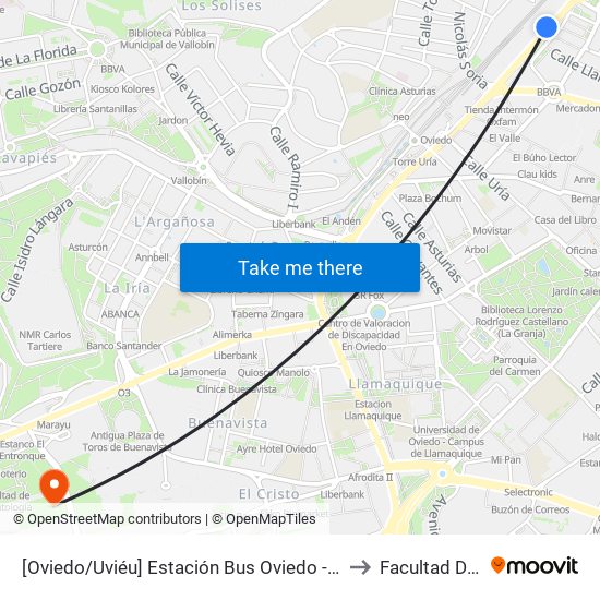 [Oviedo/Uviéu]  Estación Bus Oviedo - Pepe Cosmen [Cta 01549] to Facultad De Química map