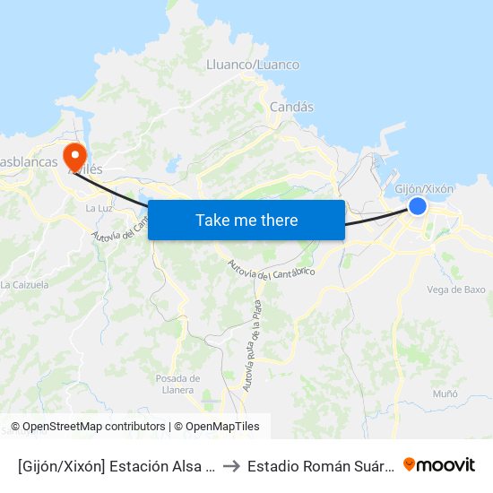 [Gijón/Xixón]  Estación Alsa [Cta 00784] to Estadio Román Suárez Puerta map