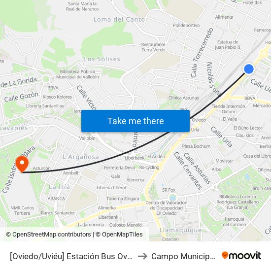 [Oviedo/Uviéu]  Estación Bus Oviedo - Pepe Cosmen [Cta 01549] to Campo Municipal Hermanos Llana map