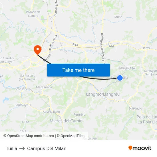 Tuilla to Campus Del Milán map