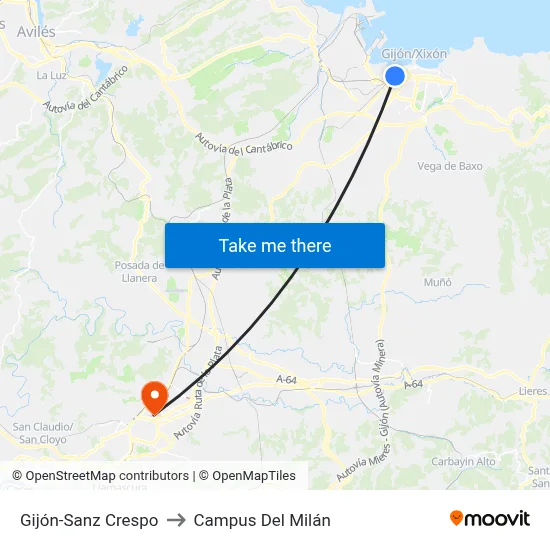 Gijón-Sanz Crespo to Campus Del Milán map