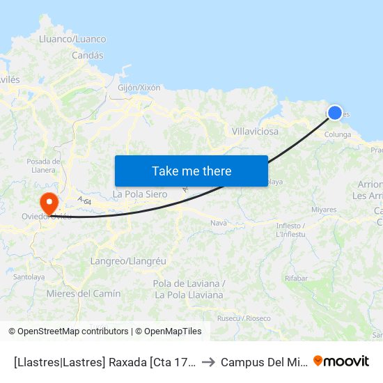 [Llastres|Lastres]  Raxada [Cta 17245] to Campus Del Milán map