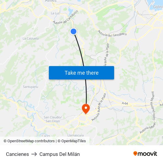 Cancienes to Campus Del Milán map