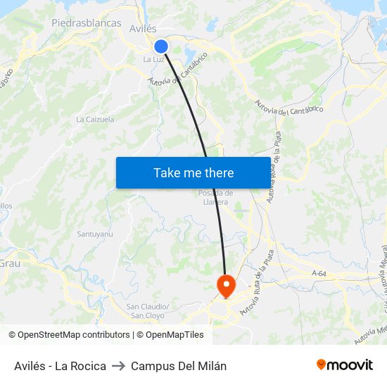 Avilés - La Rocica to Campus Del Milán map