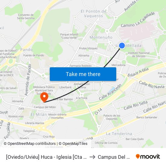 [Oviedo/Uviéu]  Huca - Iglesia [Cta 20798] to Campus Del Milán map