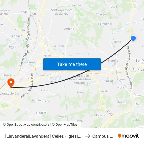 [Llavandera|Lavandera]  Celles - Iglesia Santianes [Cta 15701] to Campus Del Milán map