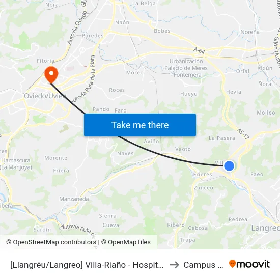 [Llangréu/Langreo]  Villa-Riaño - Hospital Valle Del Nalón [Cta 00399] to Campus Del Milán map