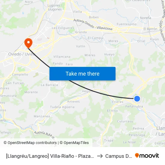 [Llangréu/Langreo]  Villa-Riaño - Plaza Cocienes [Cta 00404] to Campus Del Milán map
