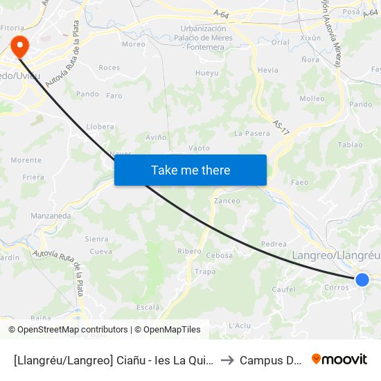 [Llangréu/Langreo]  Ciañu - Ies La Quintana [Cta 00428] to Campus Del Milán map