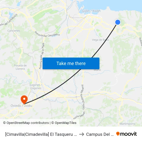 [Cimavilla|Cimadevilla]  El Tasqueru [Cta 00555] to Campus Del Milán map